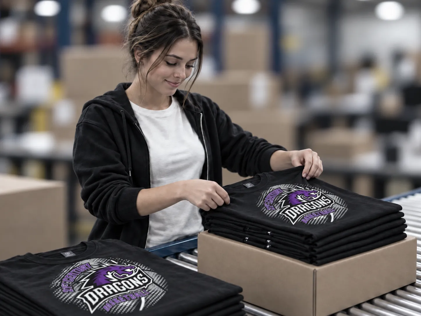 An Ad It Up team member packing apparel orders