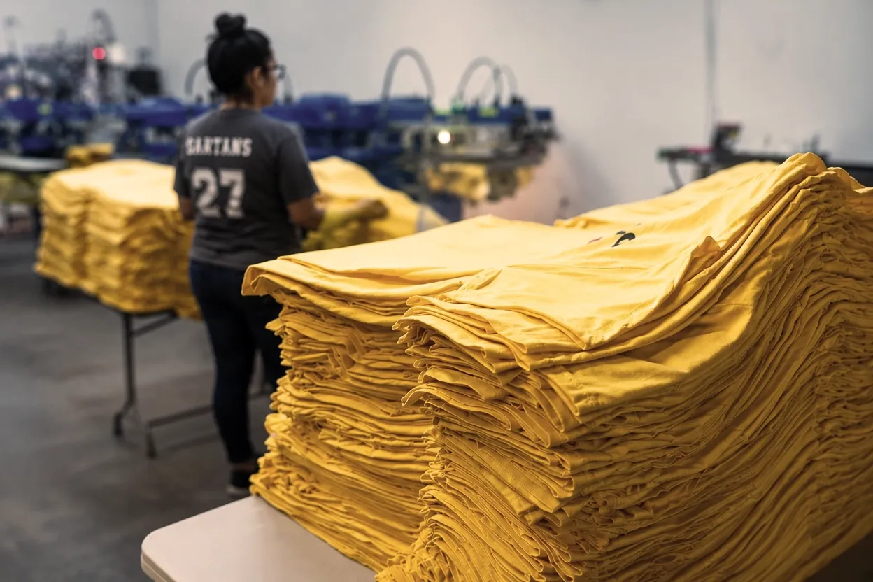 Large stacks of shirts in the Ad It Up production shop