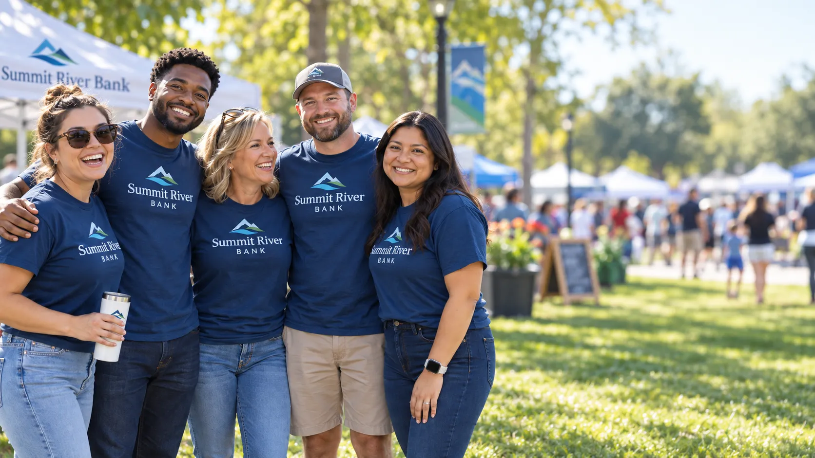 A team wearing coordinated navy event T-shirts at a community gathering